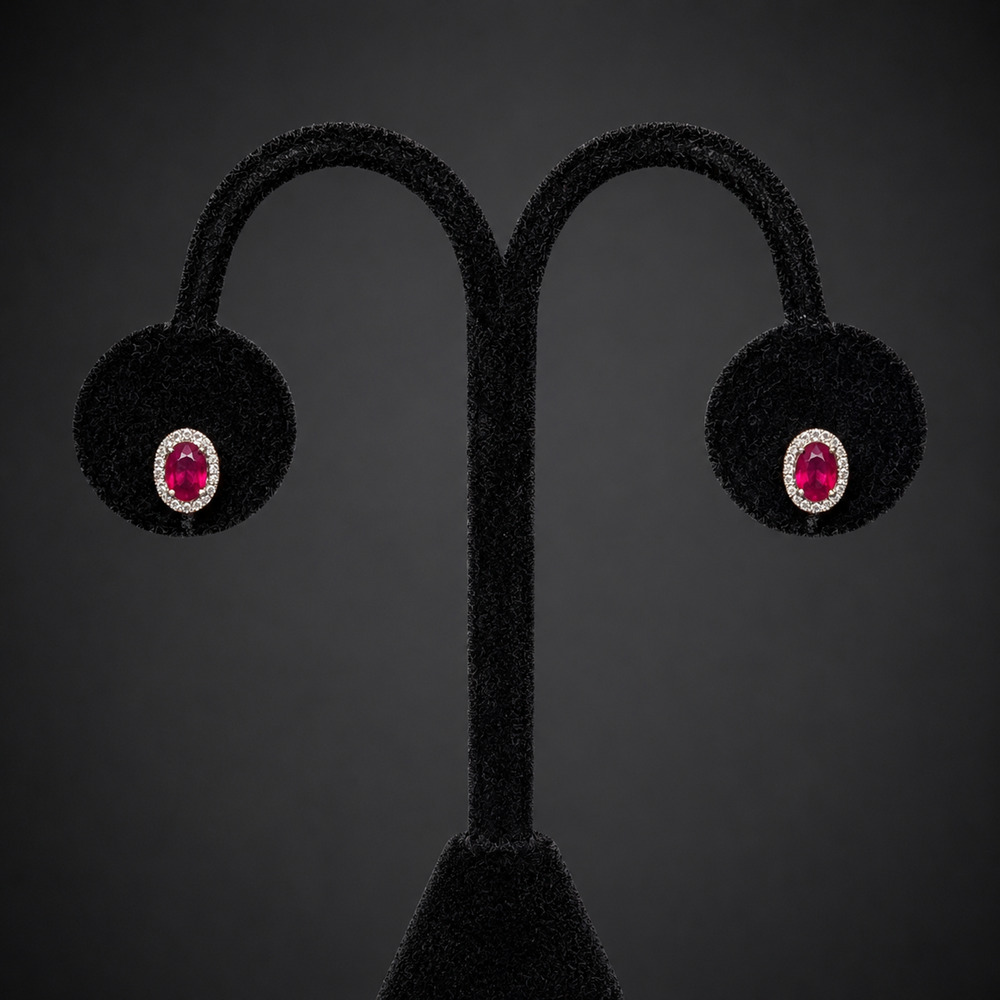 Estate Rubies Diamonds 18k White Gold Halo Earrings Studs Vintage Gift